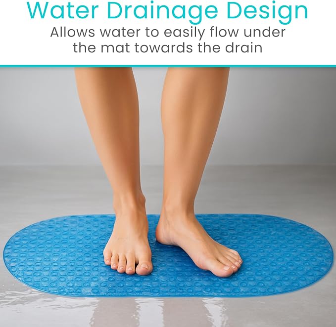 Vive Oval Bathtub Mat - Nonslip Shower Floor Pad - Non-Slip and Non-Skid | For Bath Tub with Strong Rubber Suction Cup Grip - for Baby, Elderly, Kids, Bathroom (Blue)