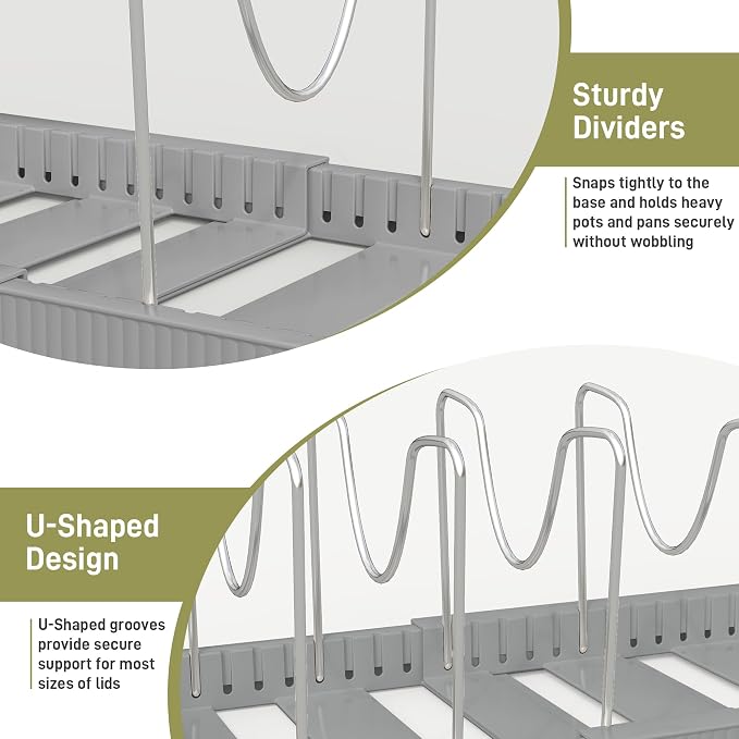 Expandable Pan Organizers Inside Cabinet with 12 Dividers Grey | Extends 12.9-21.9", Holds cookie sheets, cutting boards, pot lids and pans, iron dividers, plastic base, under cabinet rack