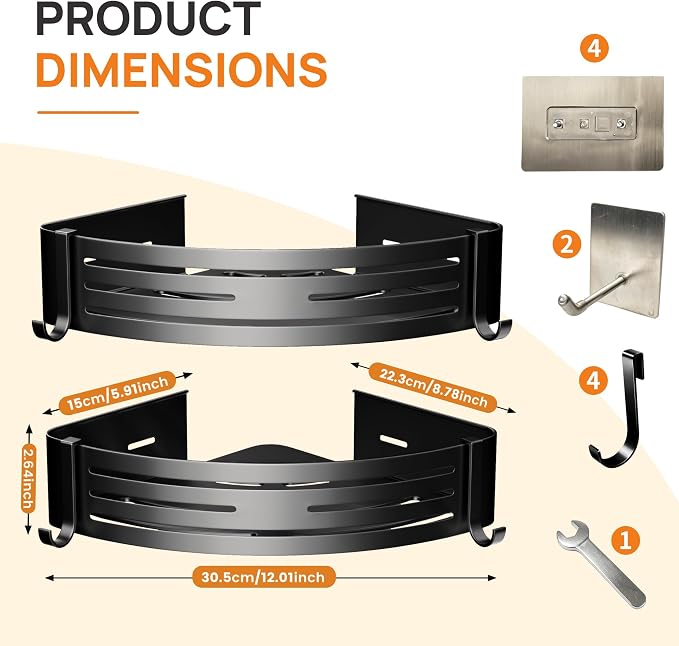 Black Adhesive Corner Shower Caddy 2-Pack, Triangular Shelves | No-drill black triangular shelves for smooth tile, glass and stainless steel shower walls, made for corner bathroom storage