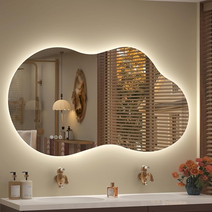48x26 Inch Irregular LED Backlit Bathroom Mirror | Asymmetrical Lighted Vanity Mirror for Wall, Cloud Shape, Anit-Fog, Dimmable, Memory, Shatterproof (Horizontal/Vertical)
