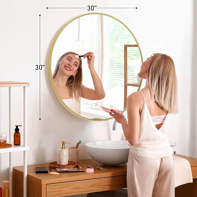 NEWBULIG 30 Inch Round Bathroom Mirror, Wall Mount Vanity Mirror | Circle Mirror for Over Sink, Matte Metal Frame, Entryway Decor, Bedroom Decor, Gold
