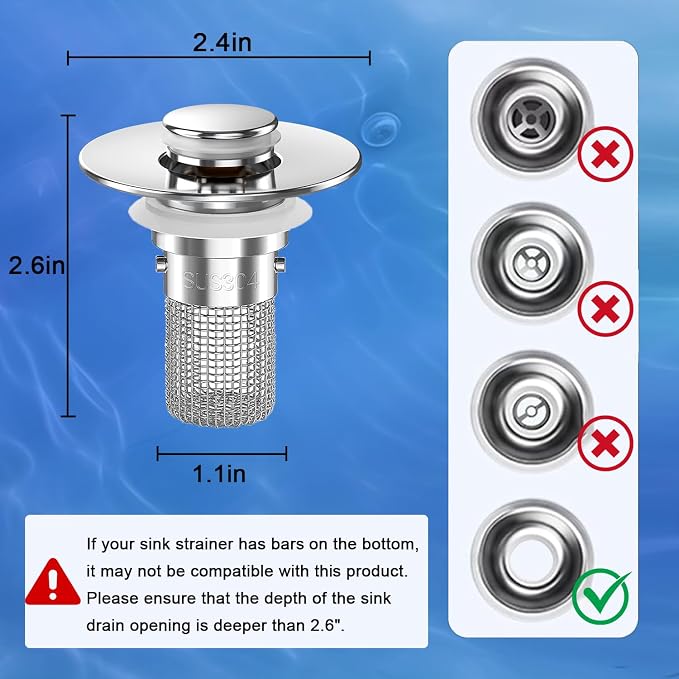 Bathroom Sink Drain Strainer, Pop-up Sink Drain Strainer with Removable Stainless Steel Strainer Basket Hair Catcher, Bathroom Sink Strainer for Bathroom Sink Stopper Replacement (3PCS)