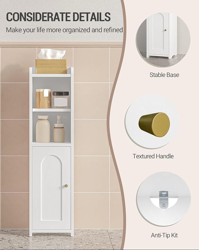 Hzuaneri Bathroom Storage Cabinet, Narrow Toilet Paper Cabinets with Doors | Small Corner Floor Cabinet with Doors and Adjustable Shelf, Bathroom Organizer for Small Spaces, White BC19703X