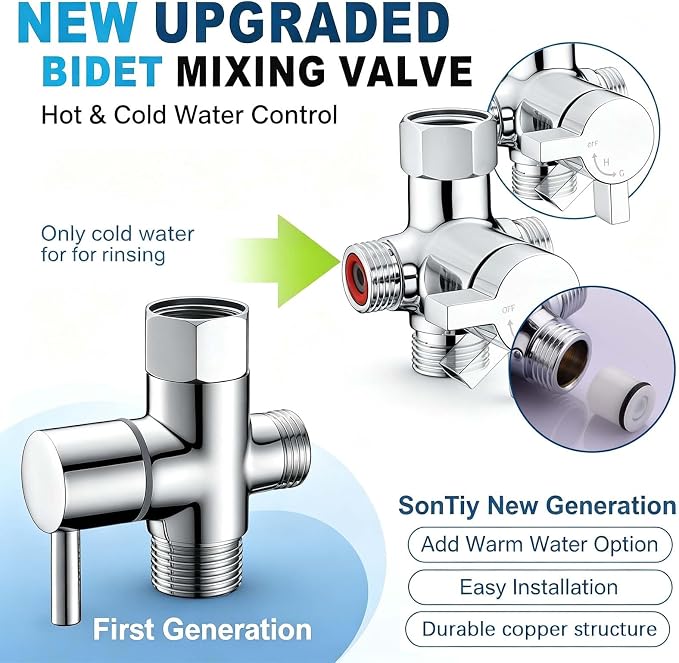 SonTiy Hot and Cold Bidet Mixing Valve Kit, Upgrade Brass 4 Way Warm Bidet T-adapter valve for Handheld Toilet Sprayer Seat Bidet Attachment with Two Tee Connector and 79inch Shower Hose