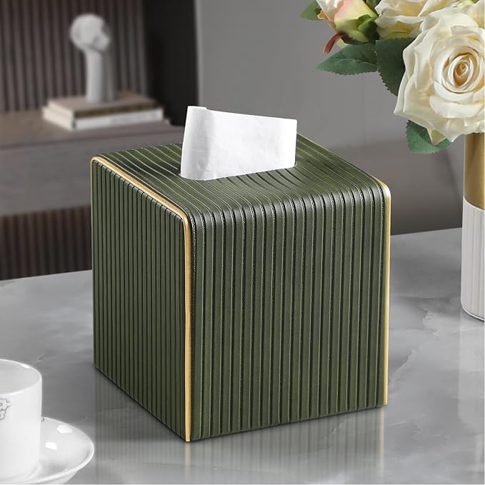 PU Leather Square Tissue Box Cover with Bottom, Olive Green | Fits All Standard Cube Tissue Boxes, Modern Fluted Decorative Tissue Box Holder for Bathroom, Bedroom, Office, Living Room