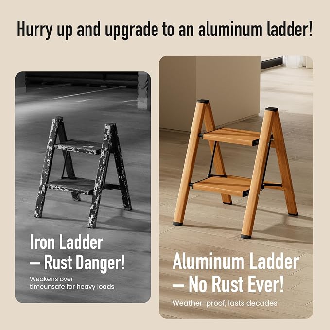 Mayi Plus 2 Step Stool Foldable, Aluminum, Lightweight Step Ladder | Extra-wide anti-slip folding steps with 330 lbs, for home,kitchen,office,outdoor,Woodgrain
