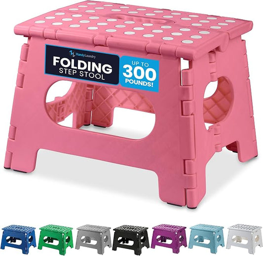 Handy Laundry Folding Step Stool 9 Inch, Pink, Non-Slip Holds 300 lbs | 9 Inch, Pink, Foldable Collapsible Step Stool, Non-Slip, Holds 300 lbs, Kitchen Bathroom Bedroom, Adults