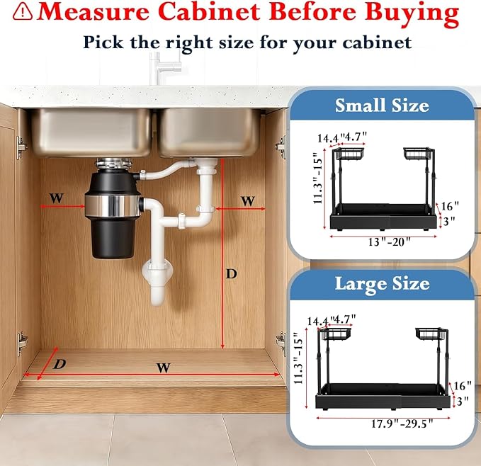 Aisslro Under Sink Organizer, 2 Tier Pull Out Cabinet Organizer, Expandable & Adjustable Slide Out Shelf 17.9''–29.5'', Under Sink Storage for Kitchen Bathroom Laundry Cabinet Storage, Black