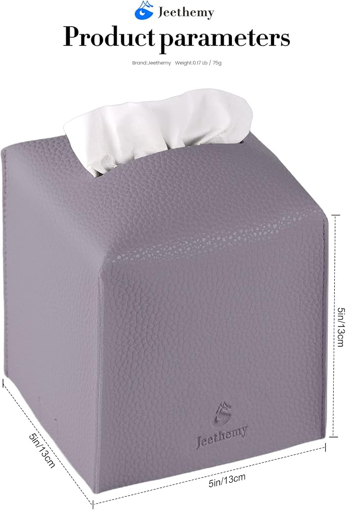 Tissue Box Cover, Jeethemy Square PU Leather Tissue Box Holder, Modern Tissue Case Facial Paper Organizer Dispenser，5X5X5'',Double Purple