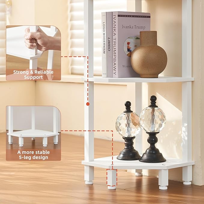 YUFAM 5-Tier Corner Shelf, White | Wooden Corner Bookshelf for Small Spaces, Corner Standing Shelf with Sturdy 5-Leg Base