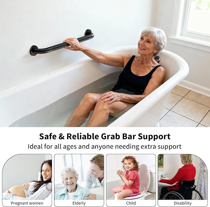 ZUEXT 2 Pack 24 Inch Black Anti Slip Shower Grab Bar with Knurled Grip | Bathroom Balance Support Rail, Assist Handle for Handicap Seniors, Wall Mount Stainless Steel Bath Safety Handrail, 1.25" Dia