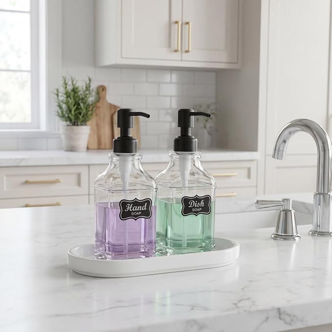 JASAI 2Pack Hand & Dish Glass Soap Dispenser with Black Rust Proof Pump | Refillable Dish Soap Dispenser with Sturdy 304 Stainless Steel Pump Pump for Kitchen and Bathroom.