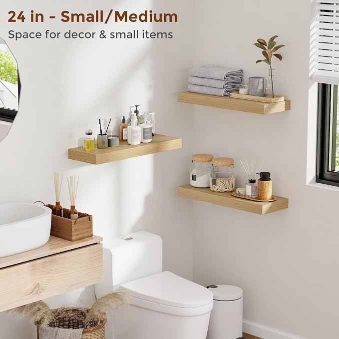 Heimlove 40 Inch Floating Shelves for Wall 8 Inch Deep Oak Shelves Set of 2,Wall Mounted Rustic Wood Long Floating Shelf with Invisible Brackets for Bedroom Kitchen Living Room