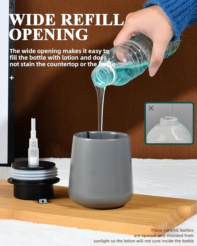 BosilunLife Ceramic Soap Dispenser - Dish Soap Dispenser for Bathroom 12Oz | Refillable Liquid Hand Wash Dispenser for Essential Oil, Lotion Soap, Modern Grey