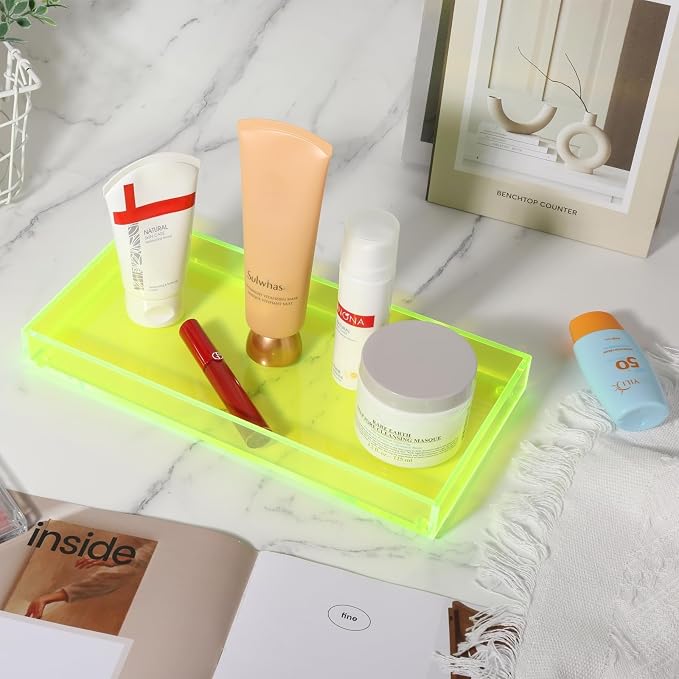 Acrylic Tray for Vanity Makeup Perfume Jewelry 12x6'' Small Decorative Tray for Bathroom Dresser Tops Candle Sink Counter, Neon Green