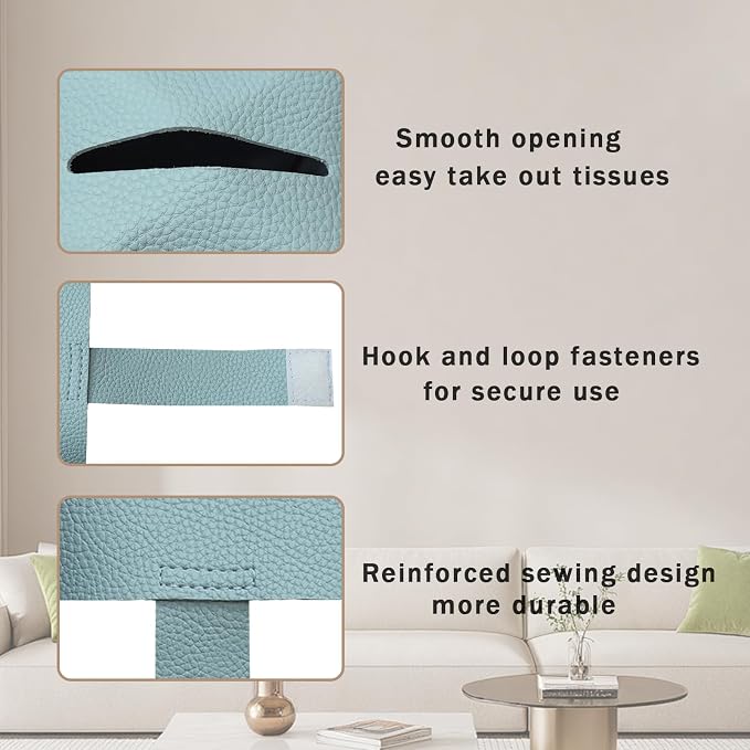 1PC Square Tissue Box Cover, PU Leather Square Tissue Box Holder with Bottom Belt Modern Tissue Box Organizer for Bathroom/Car/Hotel/Office (5.25”x5.25”x5”, Light Blue)