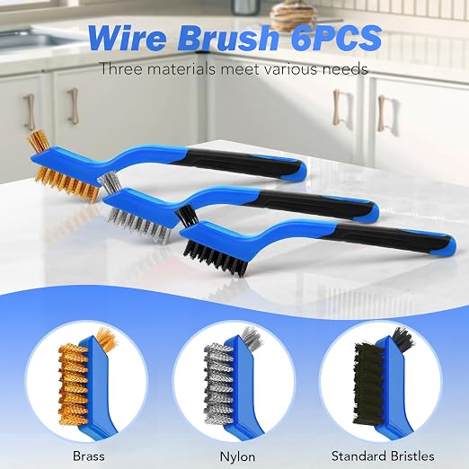 Wire Brush Set, 6 Pcs Stainless Steel/Brass/Nylon Wire Brushes | Blue, 7" Total Length for Tight Spaces, For Cleaning with Curved Handle Grip for Rust Removal, Dirt, Paint Scrubbing