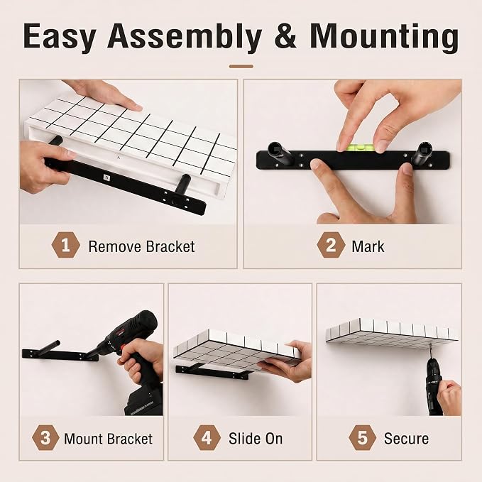 Floating Shelves, Set of 2, White with Black Lines | 15.7"W x 6.7"D x 1.5"H, set of 2, 25 lbs per shelf, 3D tile texture, splash-resistant, ~30 min assembly.