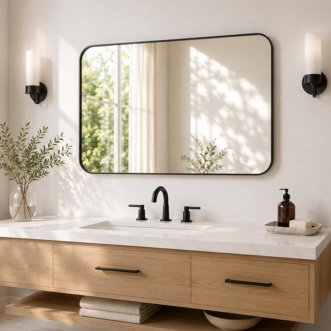 2-Pack 24x36 Inch Matte Black Rounded Rectangle Vanity Mirrors | Double Vanity or Two Bathrooms, Pair or Separate Use, Iron Frame, Layered Shadow Box Look, Two-Way Mount