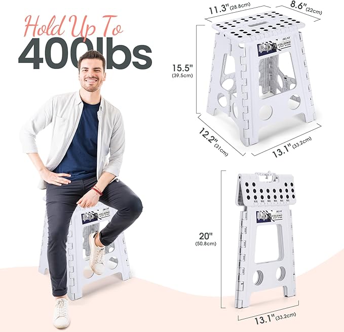 Delxo 16 Inch Folding Step Stool,Foldable Step Stool for Adults White | Step Stool with Safety Lock,Portable Collapsible Step Stool,Non-slip Folding Stools for Kitchen Bathroom Bedroom Garden 1PC