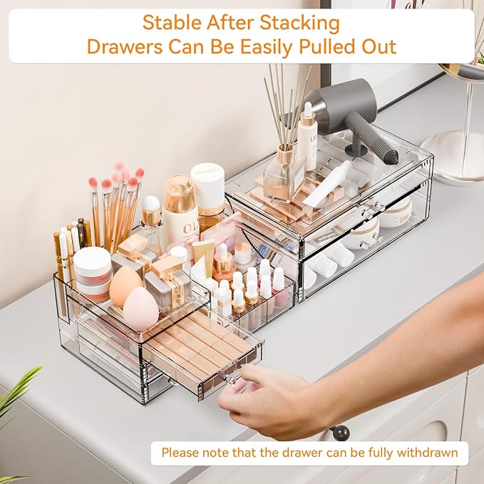 2 Pack Clear Makeup Organizer Countertop for Dresser,Vanity and Bathroom Counter Organizer,Tiered Stackable Makeup Acrylic Organizers with 5 Drawer for Skincare,Brush and Make up Holders