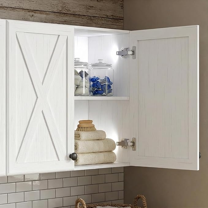 59"W Laundry Room Wall Cabinet, 5 Doors Farmhouse Wall Cabinet with Adjustable Shelf, Wall Mount Storage Cabinet, Farmhouse Medicine Cabinet, Floating Cabinet for Bathroom, Kitchen, Off White