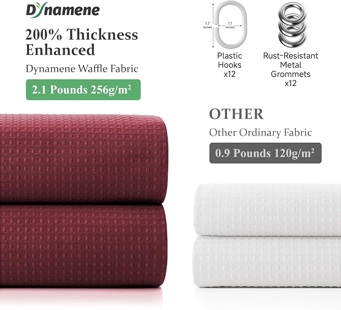 Extra Long Waffle Shower Curtain 256 GSM Fabric 72"x84" Burgundy | 84 Inch Long, Thick Polyester Cloth, Weighted Hem, Water Repellent, Washable, Tall Hotel Bathroom Shower Curtain Set 12 Hooks