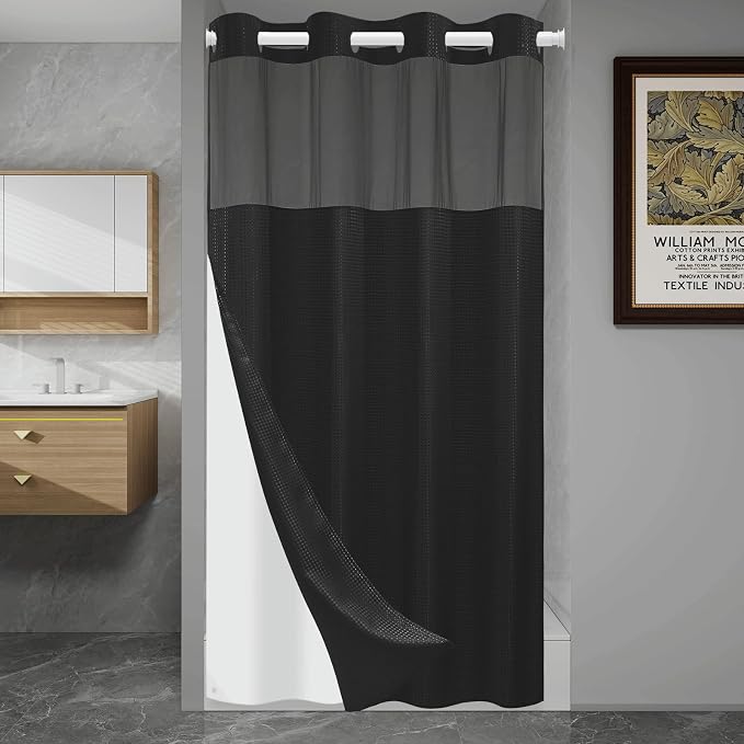 SORTTO No Hook Shower Curtain with Snap in Liner Set Waffle Shower Curtain for Bathroom Hotel Style Fabric Waterproof Inner Liner，60" W x 74" H, Black