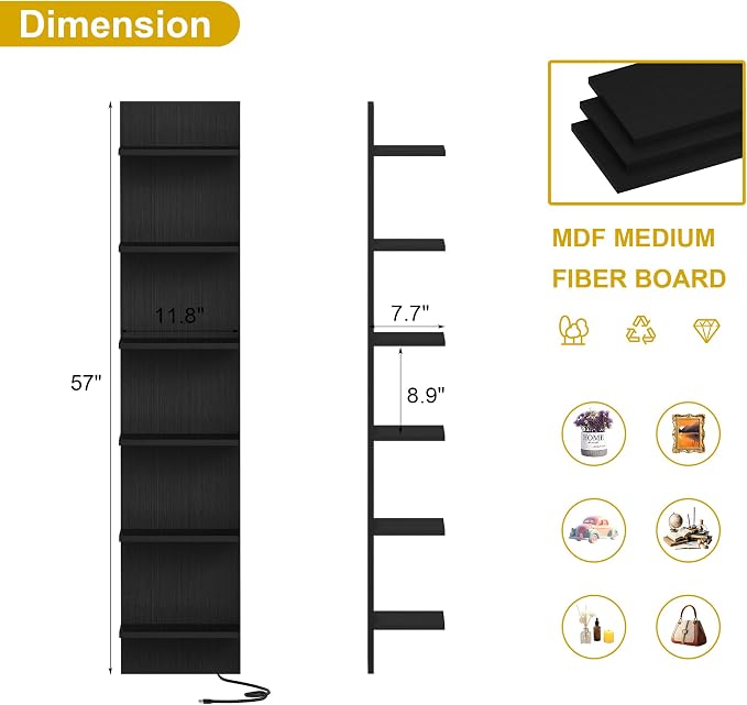 Qupui 6-Tier Wall Shelf with LED Remote, 57" Floating Storage, Black | RGB 22 Modes 6 Brightness. Remote Control. Waterproof Particleboard. 6 Tiers For Storage And Display. For Bedroom