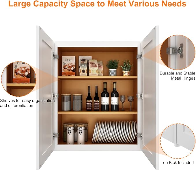 ROOMTEC Wood Wall-Mounted Cabinet,Bathroom Medicine Cabinet with Adjustable Shelves and 2 Soft-Close Doors,Laundry Storage Cabinet for Bathroom,Kitchen,Living Room 12" D*30" W*36" H,Shaker White