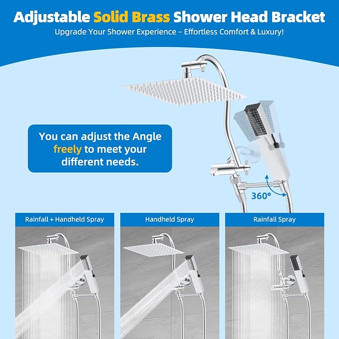 Hibbent All Metal cUPC Certified Shower Head, 12'' High Pressure Rainfall Shower Head, Showerhead Combo, Handheld Shower Wand, 12'' Adjustable Extension Arm, 4-Spray, 71'' Hose, Shower Holder, Chrome