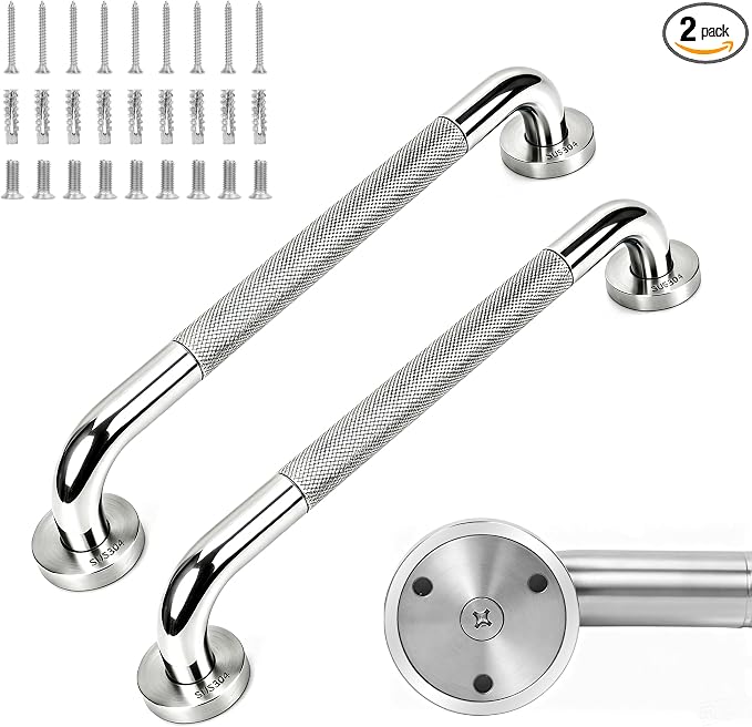 MrHAND Stainless Steel Grab Bar for Bathroom, 2 Pack 18 Inch Shower Handle | Knurled Chorme Grip, Shower grab bar, Toilet Grab Bars, Handicap Grab bars, Bathroom Grab Bars for Seniors