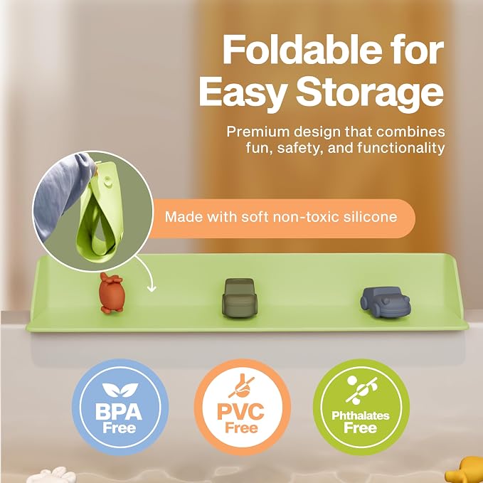 Original PlayPad, Bathtub Splash Guard Play Shelf - Toy Tray Caddy Holder Storage - Suction Cups Attach to Bath Tub - No Mess Water Spill in Bathroom for Toddlers Kids Baby (Green)