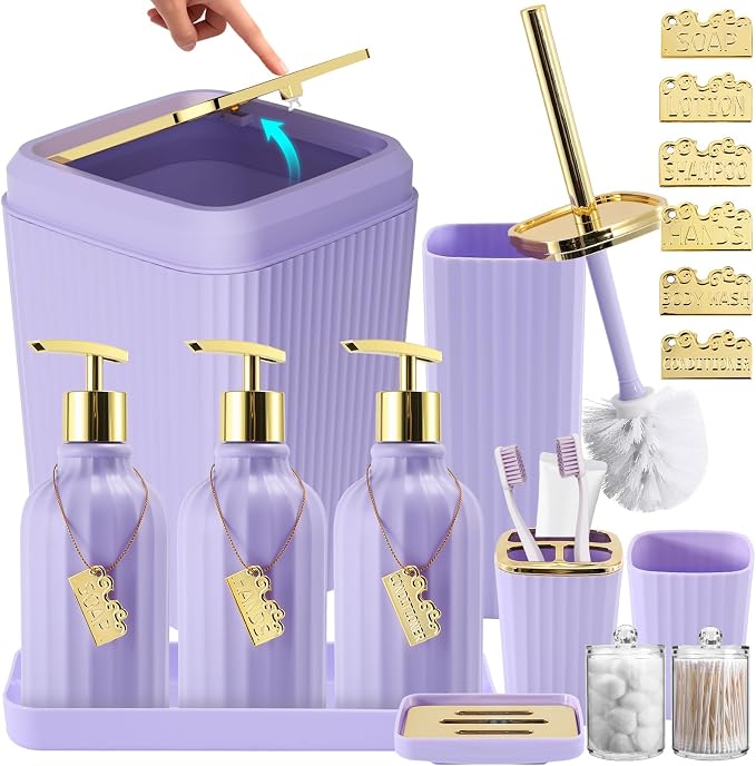 17PCS Bathroom Accessories Set, Purple Bathroom Set Bathroom Accessories Set with Trash Can, Toilet Brush, Toothbrush Holder, Qtip Holder & 3PCS Soap Dispenser
