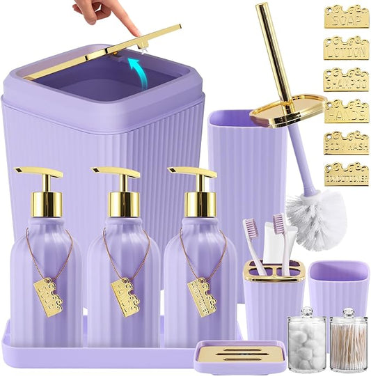17PCS Bathroom Accessories Set, Purple Bathroom Set Bathroom Accessories Set with Trash Can, Toilet Brush, Toothbrush Holder, Qtip Holder & 3PCS Soap Dispenser