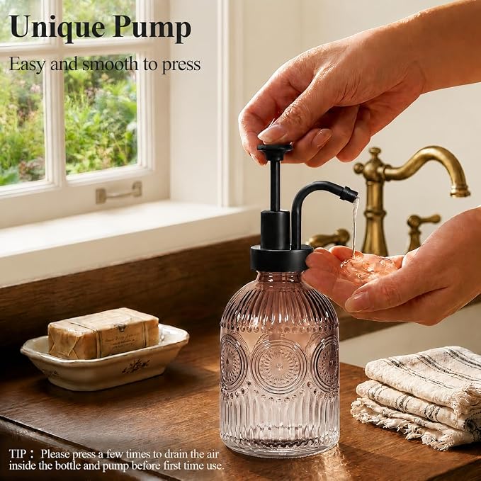 SheeChung 12oz Vintage Glass Soap Dispenser with Black Pump, Brown, 2 Pack | Refillable Dish and Hand Soap Dispenser for Bathroom Kitchen, Rustic Liquid Lotion Bottle,BPA-Free,Funnel,Mat,Farmhouse Decor