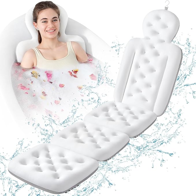 Luxury Bath Cushion, Full Body Bathtub Pillow with 160 Suction Cups, Bath Mat for Head and Neck Support, with Laundry Bag (White, 60" x 16")