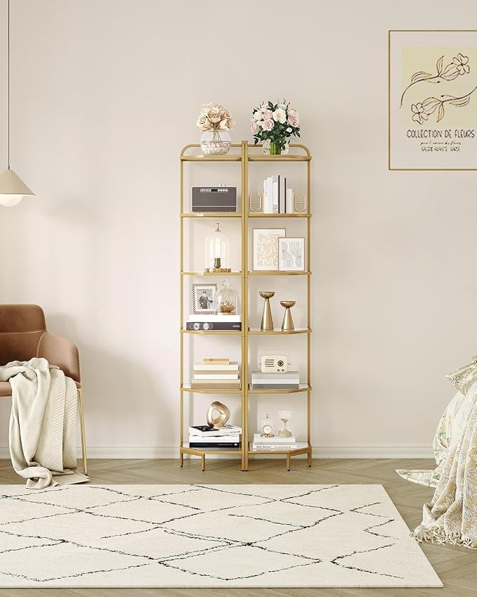 Hzuaneri Corner Shelf Stand, 6-Tier Glass Bookshelf Bookcase, Plant Stand | Bathroom Organizer Steel Frame, Tempered Glass, Modern Style for Living Room, Bathroom, Kitchen, Gold CS90600G
