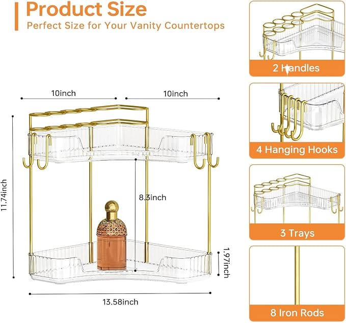 2-Tier Corner Bathroom Counter Organizer，Makeup & Skincare Shelf with Built-in Brush Holder，Space-Saving Bathroom Countertop Organizer for Skincare, Perfume, Cosmetics(Clear)