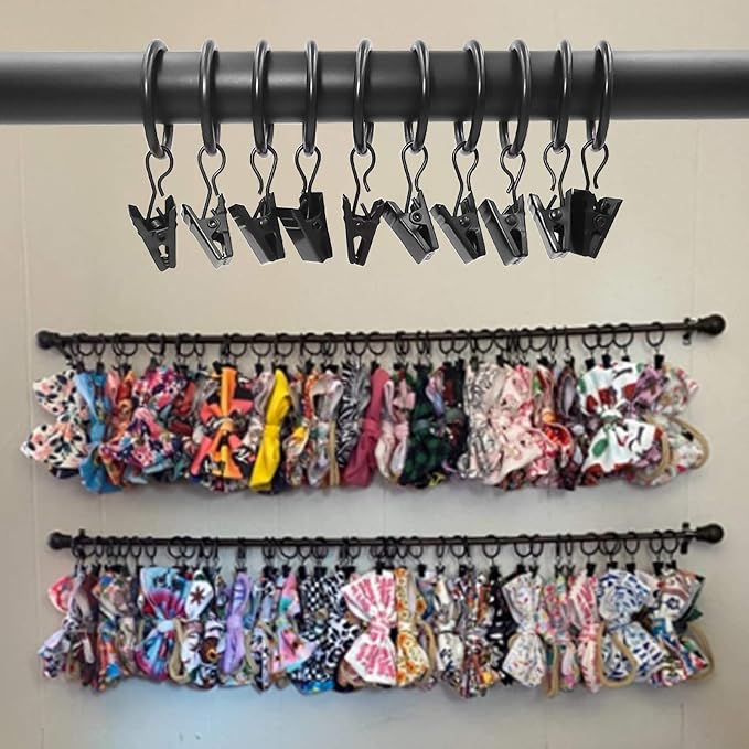 LLPJS 100 Pack Curtain Rings with Clips, Curtain Clip Rings Hooks, Bow Hanger Clips for Hanging Drapery Drapes Bows, Ring 1 inch Interior Diameter, Fits up to 5/8" Rod, Black