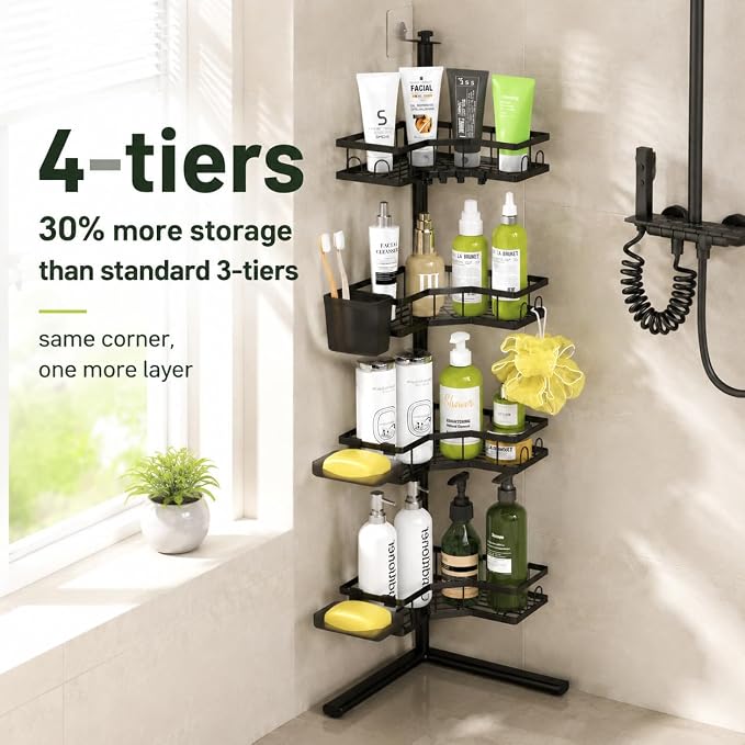 Standing Corner Shower Caddy - 4-Tier Rustproof Adjustable Shower Shelves | No Drill Floor Standing Shower Organizer, for Tall Shampoo, Conditioner, Fits Renters, Apartments, Bathtubs & Walk-in Showers