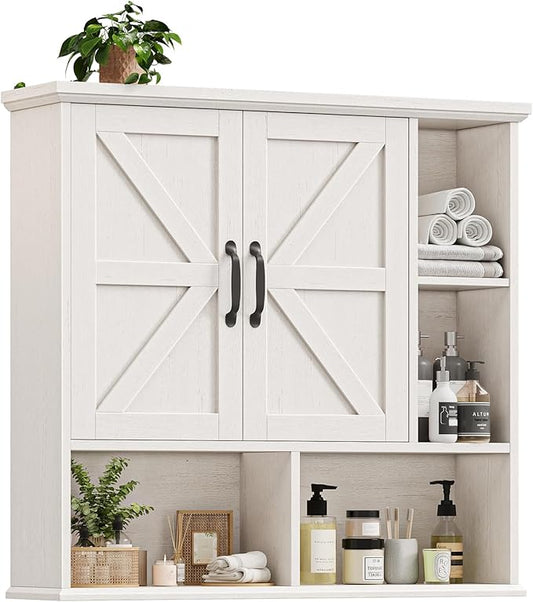 Bathroom Wall Cabinet, Farmhouse Medicine Cabinet with Doors, Rustic White | Over The Toilet Storage Cabinet with Double Barn Door and Adjustable Wood Shelf for Wall Mounted for Bathroom Laundry Kitchen