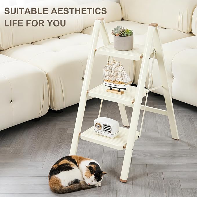 Valeo 3 Step Ladder,Lightweight Folding Step Stool with Wide Anti-Slip Pedal, 330LBS Capacity, Heavy Duty,Sturdy Iron Metal Step Stool for Home, Kitchen, Closet, Adults, Cream White