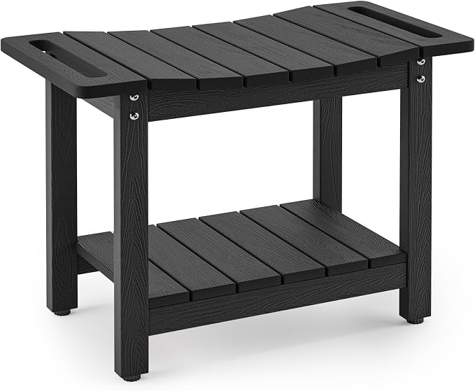 LUE BONA HDPS Shower Bench for Inside Shower, Black 23.6" Shower Stool for Shaving Legs with Shelf, Waterproof Shower Chair Seat for Bathroom, Weather Resistant/Non-Slip/Handles/Indoor or Outdoor Use