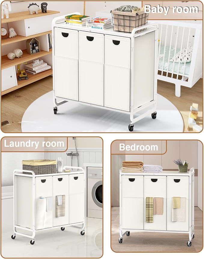 Laundry Hamper 3 Section,Laundry Basket with Wheels,3×15.8 Gal (60L) White | Laundry Room Organization with Wooden Desktop Shelf,Pull-Out and Removable 900D Oxford Fabric Laundry Bags for Laundry Room