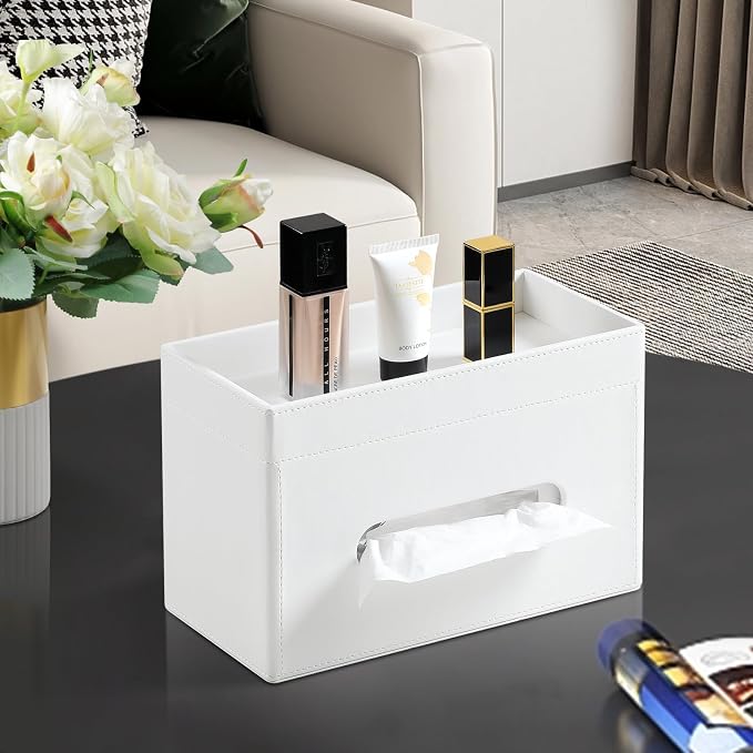 Plus Size Tissue Box Cover, Rectangle Tissue Box Organizer, White | Fit 180/230 Count Tissue Boxes, Storage Tray, PU Leather Large Tissue Box Cover, Rectangular Tissue Box Holder for Bathroom