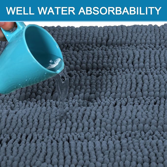 H.VERSAILTEX Bathroom Rug Sets 2 Piece Bath Mats Non Slip Thick Soft Chenille Striped Bath Rug achine Washable Shower Floor Rugs for Tub, Shower and Floor (Blue Indigo, 20" x 32"/24" x 36")