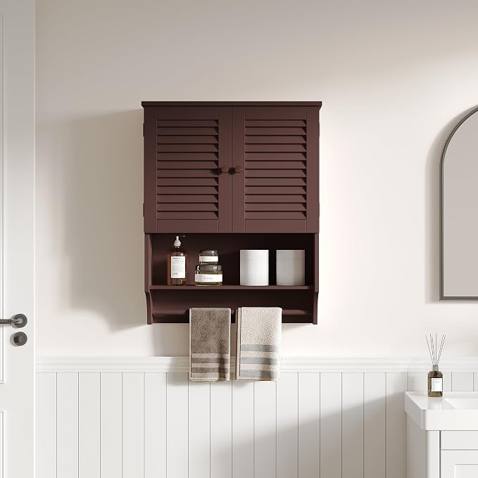ChooChoo Bathroom Wall Cabinet with Towel Bar and Ample Storage | 23.6"L x 7.9"W x 27.5"H MDF Medicine Cabinet, Over The Toilet Space Saver Storage Cabinet with Adjustable Shelf, Espresso