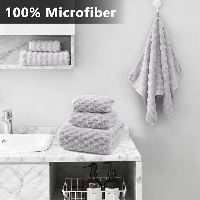 6-Piece Towel Set with 2 Bath Towels (28 x 55 Inches), 2 Hand Towels (14 x 30 Inches), and 2 Hair Wrap Towels (10 x 26 Inches), Soft and Breathable for Everyday Use(Grey)