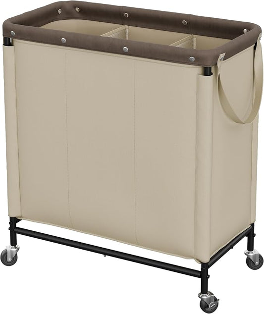 StorageWorks 2 Section Laundry Hamper, 120L Tan Sorter Cart with Wheels | 3 Section Laundry Hamper with Wheels, Tan Sorter Cart, Rolling Organizer for Bedroom, Bathroom, Apartment